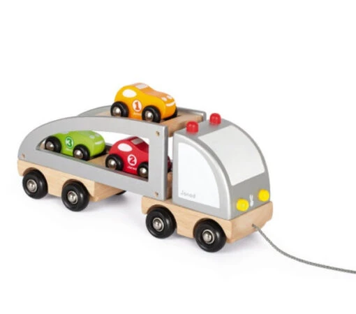 Janod Pull Along Racing Car Carrier -Children Toys Store Janod wooden car carrier J05603 Busy bee toys