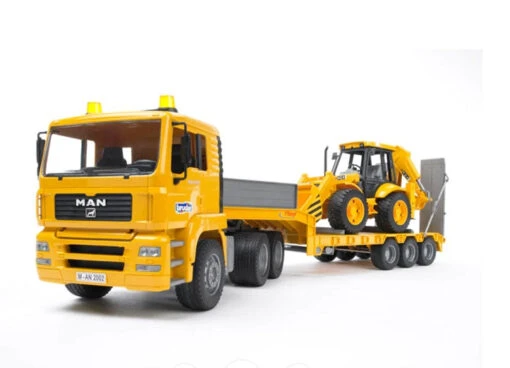 Bruder MAN TGA Low Loader Truck With JCB Backhoe Loader -Children Toys Store bruder MAN TGA Low Loader truck with JCB Backhoe Loader 02776 busybeetoys