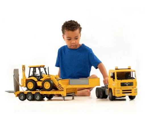 Bruder MAN TGA Low Loader Truck With JCB Backhoe Loader -Children Toys Store bruder MAN TGA Low Loader truck with JCB Backhoe Loader 02776 01 busybeetoys