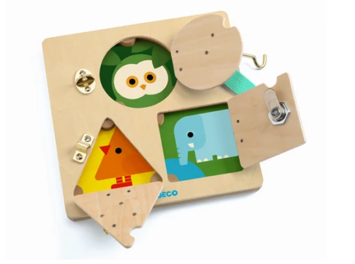 Djeco LockBasic Locking/Unlocking Wooden Skill Board -Children Toys Store djeco lock basic 01 busy bee toys doylestown pa