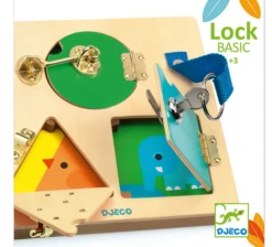 Djeco LockBasic Locking/Unlocking Wooden Skill Board -Children Toys Store djeco lock basic 03 busy bee toys doylestown pa