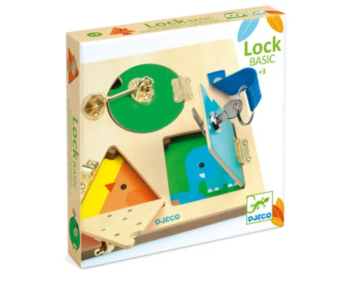 Djeco LockBasic Locking/Unlocking Wooden Skill Board -Children Toys Store djeco lock basic busy bee toys doylestown pa