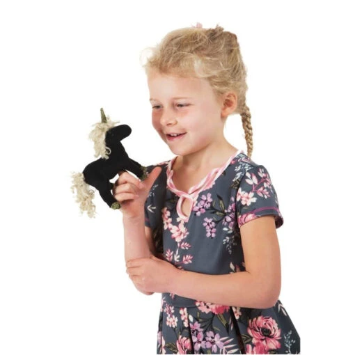 Folkmanis Mini Black Unicorn Finger Puppet -Children Toys Store folkmanis black unicorn busy bee toys 1